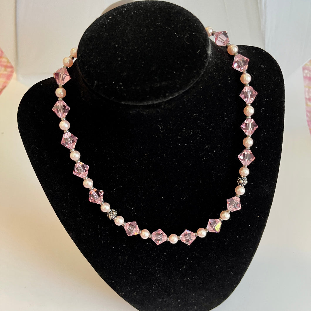 Rose Pink Austrian Crystals & Pearls 17.5” Necklace with Matching Post earrings Set