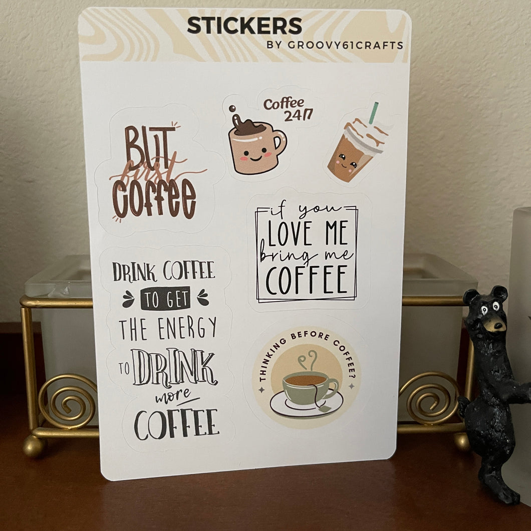 Coffee Lovers Glossy Stickers Sheet - Drink More Coffee, Rise, Behind Every Woman, Coffee is, Latte Cute Decorative adhesive label sticker