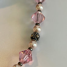 Load image into Gallery viewer, Rose Pink Austrian Crystals &amp; Pearls 17.5” Necklace with Matching Post earrings Set
