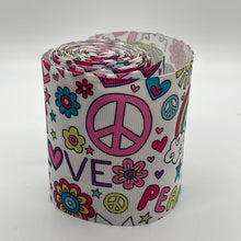 Load image into Gallery viewer, Pink &amp; White Hippie White Rainbow Love Peace 3&quot; Printed Ribbon Sold by the yard
