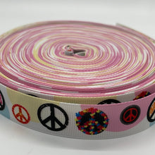 Load image into Gallery viewer, White Hippie Peace Signs and Symbols 7/8&quot; Ribbon 3 yards for Hair Bows
