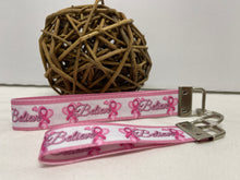 Load image into Gallery viewer, Breast Cancer BELIEVE GrosGrain Ribbon Wristlets Keychains Set
