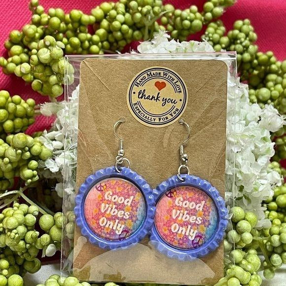 Good Vibes Only Bottle Cap Retro 60's Dangle Fish-hook Earrings Handcrafted