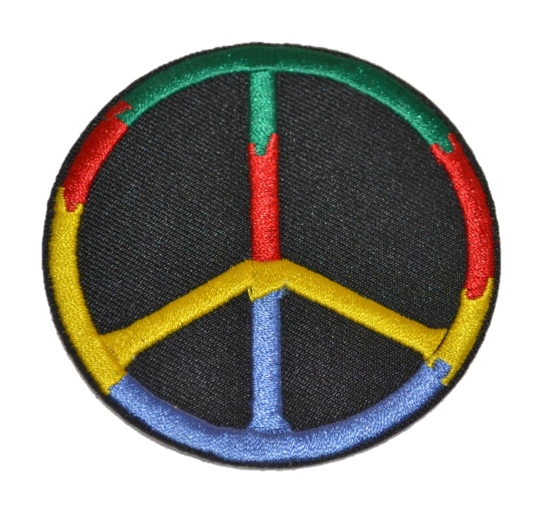 Round Rainbow Peace Symbol Black Hippie Iron-On Embroidered Patch Applique 2.75