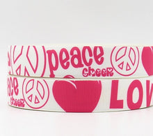 Load image into Gallery viewer, White &amp; Pink Love Peace Signs Love Cheer 7/8&quot; Grosgrain Ribbon 3-yards
