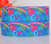 Load image into Gallery viewer, Hippie Love Peace Blue Rainbow 7/8&quot; Ribbon 3 yards
