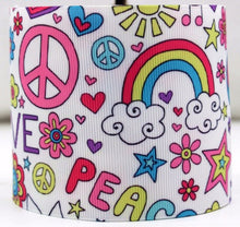 Load image into Gallery viewer, Pink &amp; White Hippie White Rainbow Love Peace 3&quot; Printed Ribbon Sold by the yard

