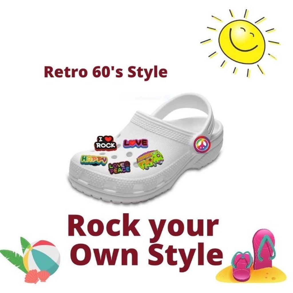 Rock Your Own Style Shoe Charms for will fit in Clog type shoes with holes will fit in Clog type shoes with holes Love & Peace, Rock, Van, Happy