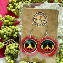 Load image into Gallery viewer, Reggae Peace Symbol Red Bottle Cap Retro 60&#39;s Dangle Fish-hook Earrings Handcrafted
