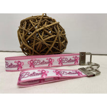 Load image into Gallery viewer, Mother &amp; Daughter Pink White Breast Cancer Believe 7/8&quot; Ribbon Keychain Wristlet Bracelet
