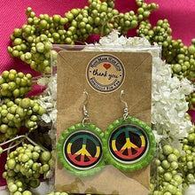 Load image into Gallery viewer, Reggae Peace Symbol Green Bottle Cap Retro 60&#39;s Dangle Fish-hook Earrings Handcrafted

